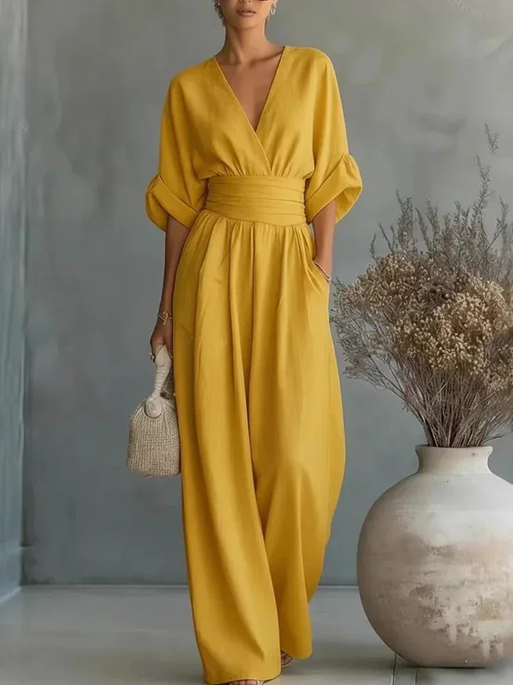 Women Elegant High Waist Jumpsuits Summer Short Sleeve Wide Leg Pants Romper Casual V Neck Solid Loose Jumpsuits Streetwear