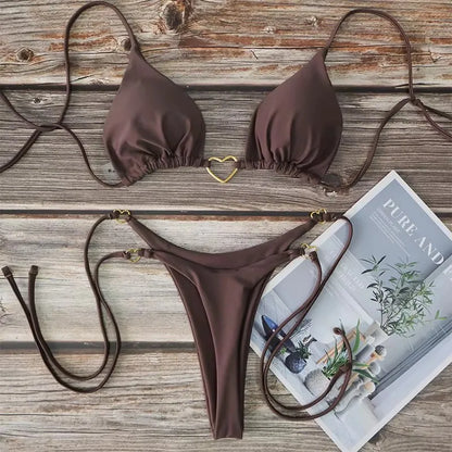 Women's Sexy Brazilian Bikini Set Halter Triangle Top Thong Bottom Two-Piece Swimsuit Heart Bathing Suit Summer Beach Swimwear