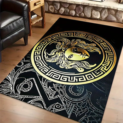 Luxury Black Gold Medusa Print Carpet Plush Flannel Rug Living Room Bedroom Home Decor Area Rug Non Slip Floor Mat