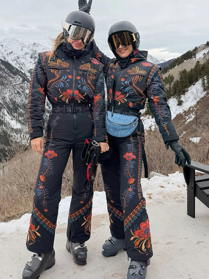 Floral Print One Piece Ski Suit Fashion Hooded Waterproof Thermal Snowboard Jumpsuit 2026 Winter Outdoor Windproof Snow Outfit