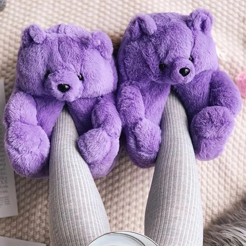Cute Teddy Bear Plush Winter Slippers, Wrapped Heel Funny Indoor Floor Shoes, Women Gift, Warm Soft Cartoon Fluffy Animal Slippe