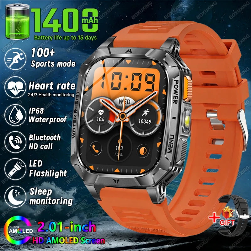 New 1400 mAh Battery Military Smartwatch Men IP68 Waterproof Flashlight Health Monitor Sports Call Smart Watch For iOS Android