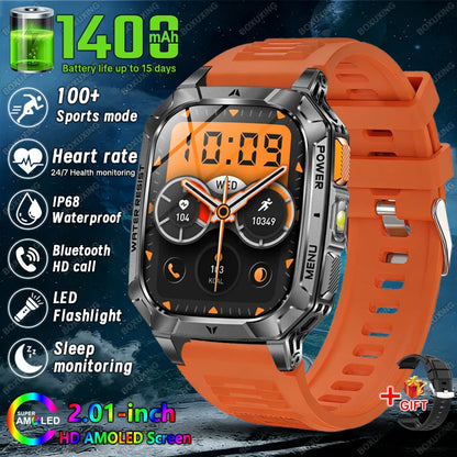 New 1400 mAh Battery Military Smartwatch Men IP68 Waterproof Flashlight Health Monitor Sports Call Smart Watch For iOS Android