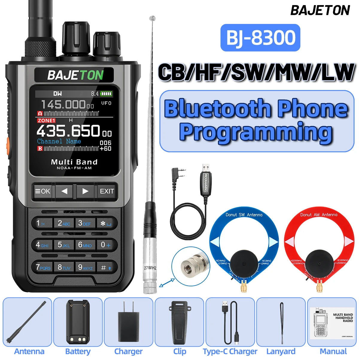 BAJETON BJ-8300 Walkie Talkie SW AM SSB CB Receive Wireless Bluetooth Phone Programming Station NOAA Two Way Radio RT-950PRO