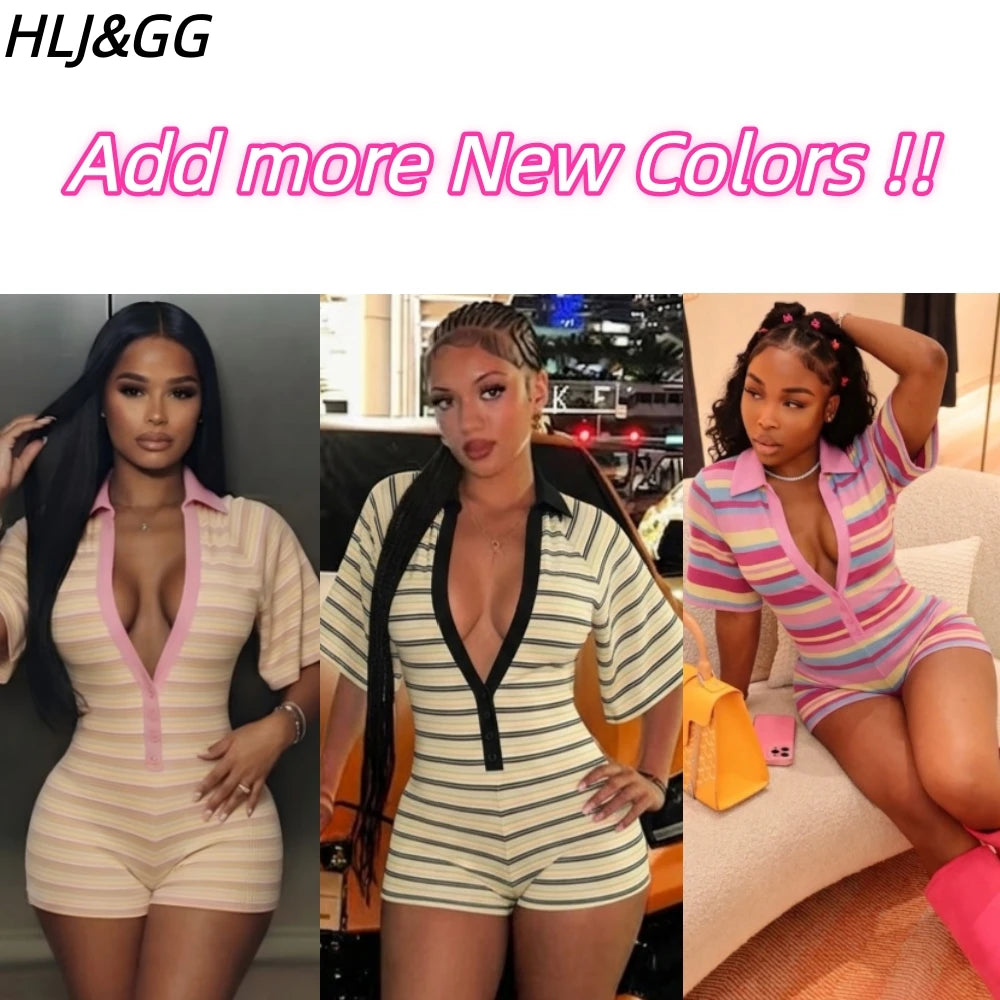 HLJ&GG Green Sexy Deep V Stripe Ribber Bodycon One Piece Rompers Women Short Sleeve Slim Jumpsuits Fashion Party Club Overalls