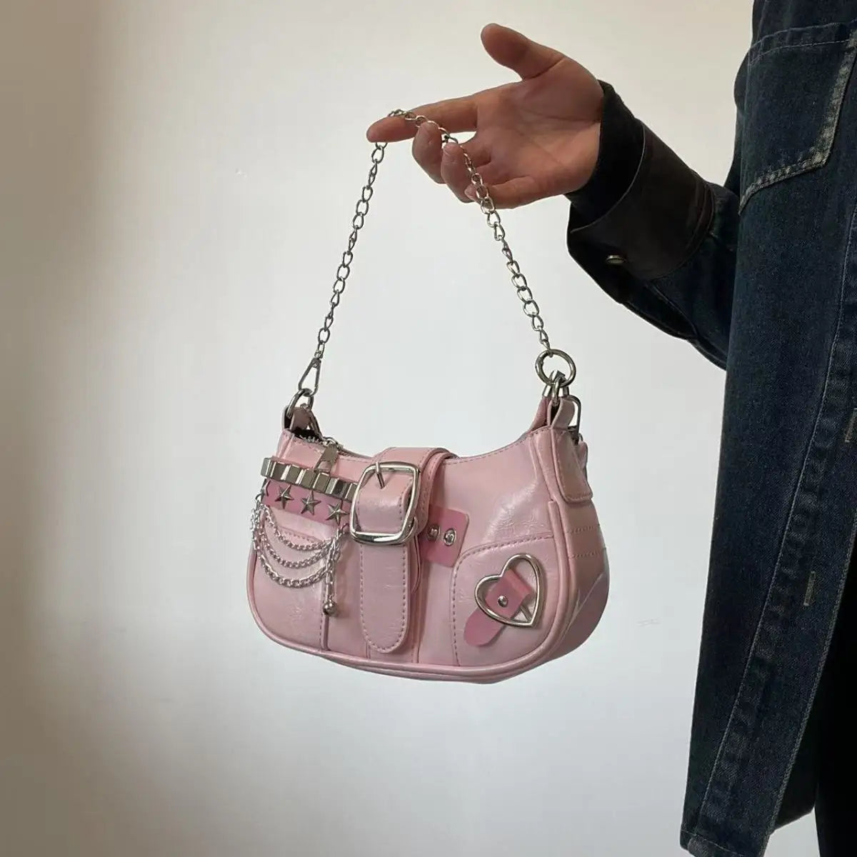 Fashion Hot Girls Square Shoulder Bags Retro Rivet Star Women's Underarm Bag Sweet Pu Leather Female Chain Handbags Pink Purse