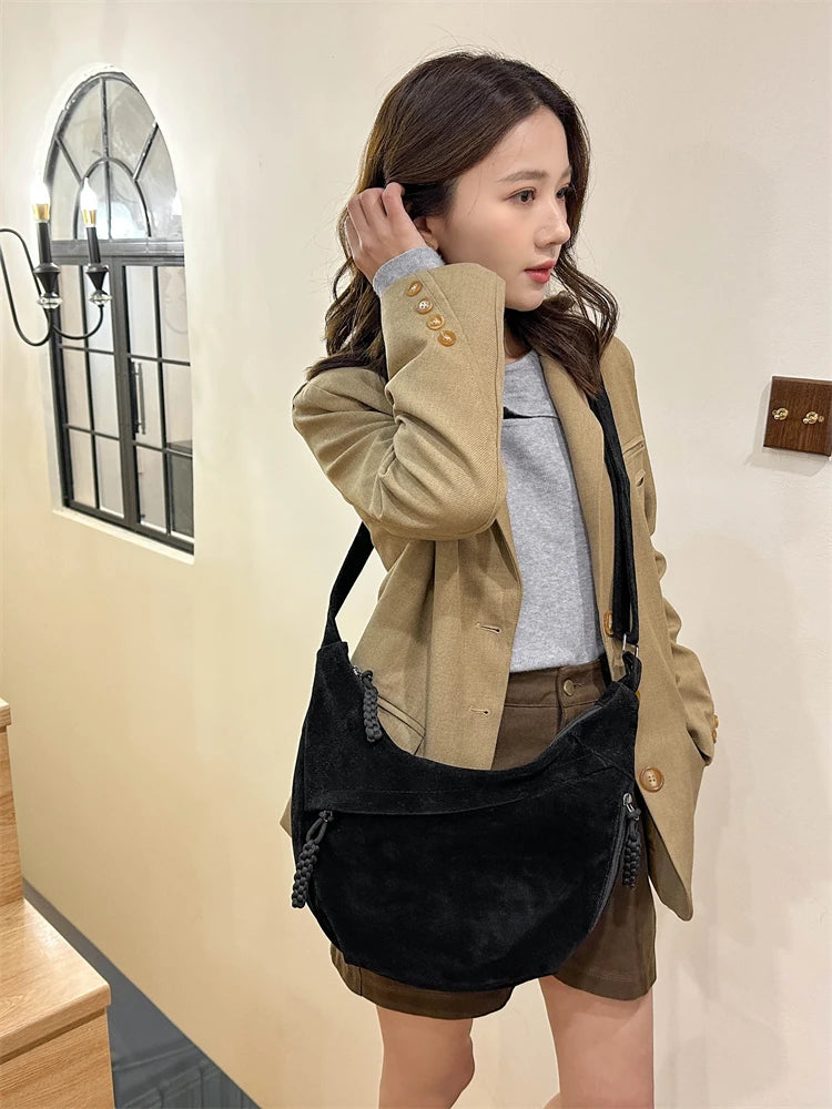 Retro Crossbody Messenger Bags For Women Faux Suede Pure Color Big Capacity Shoulder Hobo Bag 2025 Winter Latest Ladies Handbags