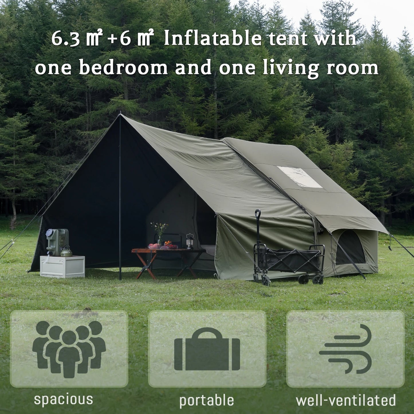 PAKICETUS 8-Person Inflatable Glamping Tent, Green Tent with Mesh Windows & Hand Pump with Extra-Large Canopy Living Room