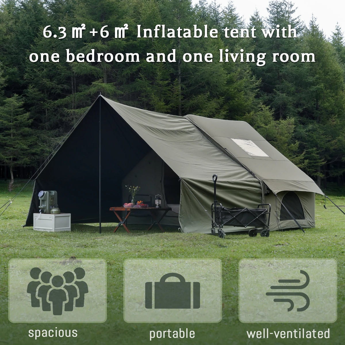 PAKICETUS 8-Person Inflatable Glamping Tent, Green Tent with Mesh Windows & Hand Pump with Extra-Large Canopy Living Room