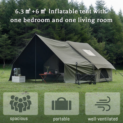 PAKICETUS 8-Person Inflatable Glamping Tent, Green Tent with Mesh Windows & Hand Pump with Extra-Large Canopy Living Room