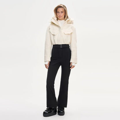 Fashion Hooded One-Piece Ski Jumpsuit Women Stand Collar Zipper High Waist Solid Windproof Outwear 2026 Winter Lady Skiwears New