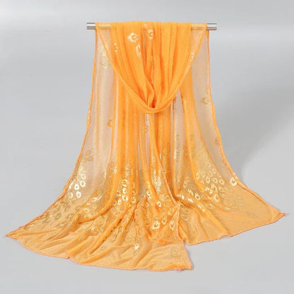 Women Glitter Thin Muffler Solid Color  Elegant Hijab Scarf Chiffon Long Scarves Gold Peacock Print Wrap Shawl Georgette Scarf