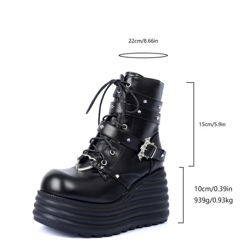 Women's Ankle Boots Round Toe High Platform Wedge Heel Lace-Up Side Zipper Gothic Punk Style Studded Strap Chunky Footwear 2026