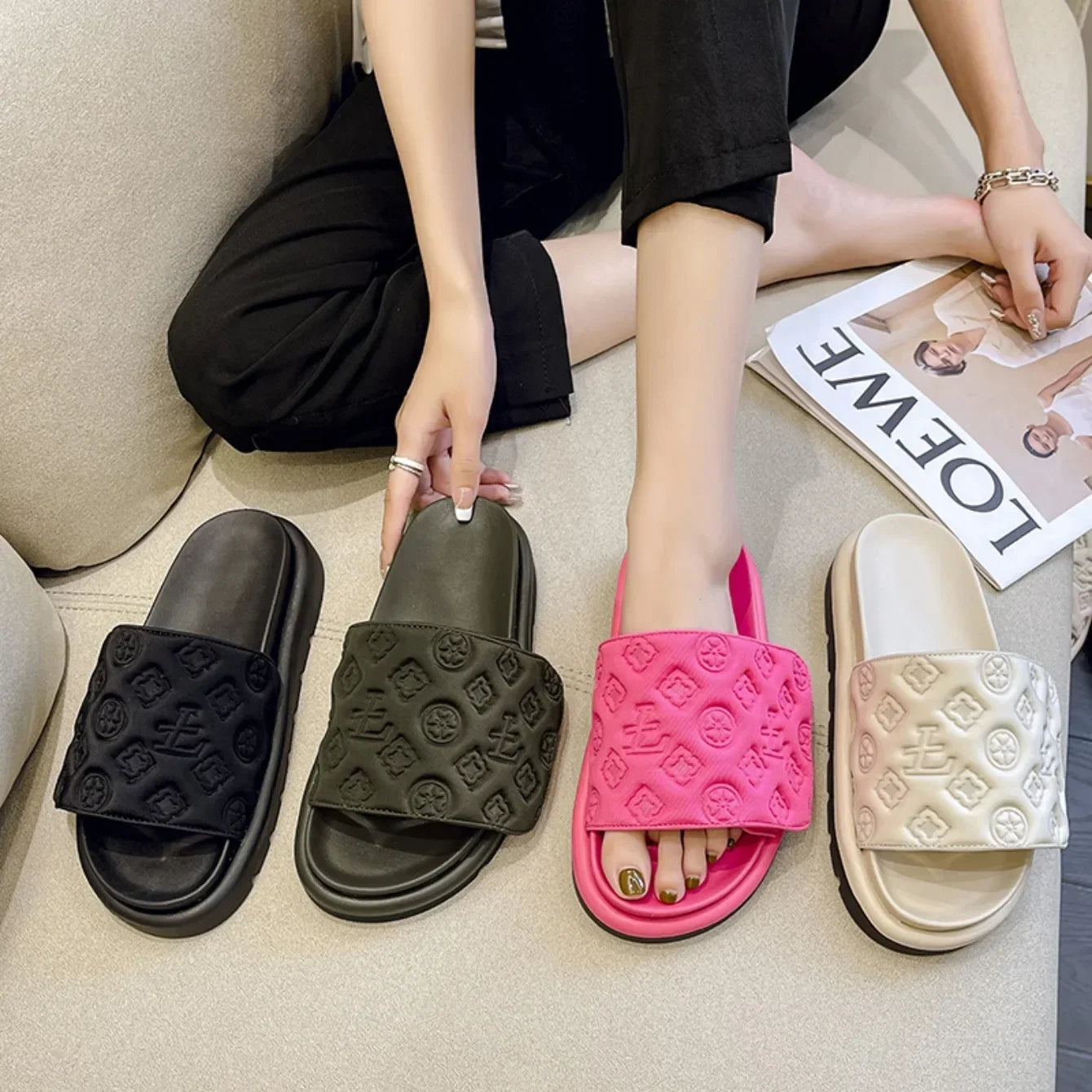 Magic Tape Flat Slippers Women Summer Luxury Shoes woman Brand Platform Sandals Ladies Height Increase Flats Slides Slippers