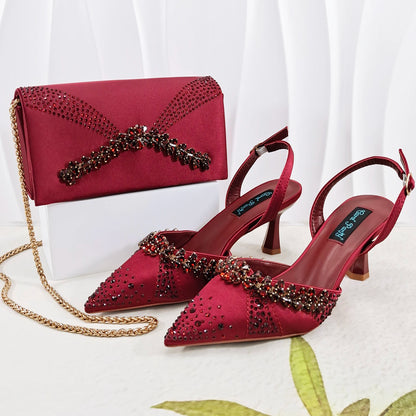 QueenaYan Slip-on High Heels and Matching Small Bag Nigeria Fashionable Party Pointed Shoes with Bag or A Pair of Work Shoes