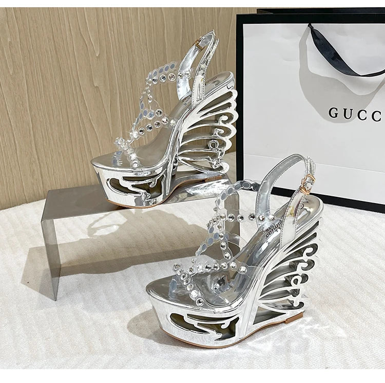 Voesnees Summer New Hollow Out Wedge Women's Pumps Shiny Sequins Fashion Party Shoes Club Heels Transparent Narrow Belt Sandals