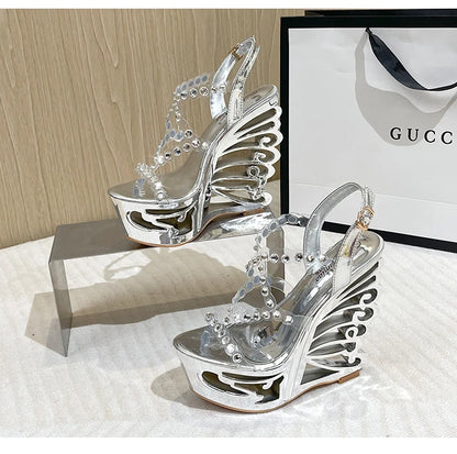 Voesnees Summer New Hollow Out Wedge Women's Pumps Shiny Sequins Fashion Party Shoes Club Heels Transparent Narrow Belt Sandals
