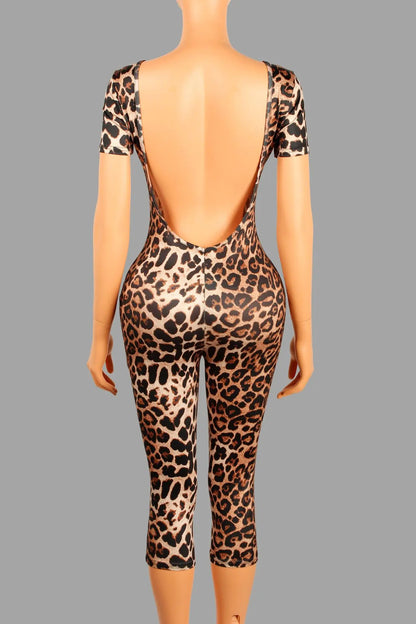 FAGADOER Sexy Leopard Print Bodycon Jumpsuits Women Sleeveless Backless Short Sleeve  Rompers Female Club Party Overalls 2025
