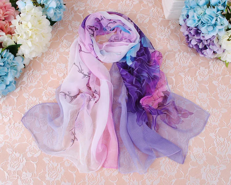 Elegant Beautiful Gradient Peony Chiffon Georgette Bandana Scarf Women Foulard Summer Beach Sunscreen Thin Hijab