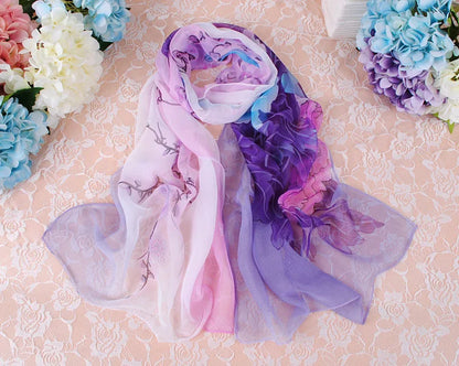 Elegant Beautiful Gradient Peony Chiffon Georgette Bandana Scarf Women Foulard Summer Beach Sunscreen Thin Hijab