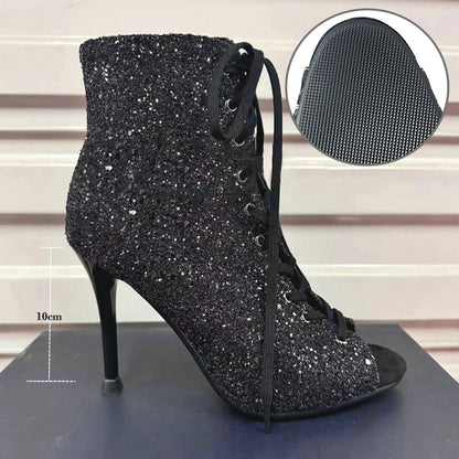 Dance Heels Champagne Black Sparkly Glitter Rubber Sole 10cm Professional High Heel Dance Shoes Salsa Women Dance Party Shoes