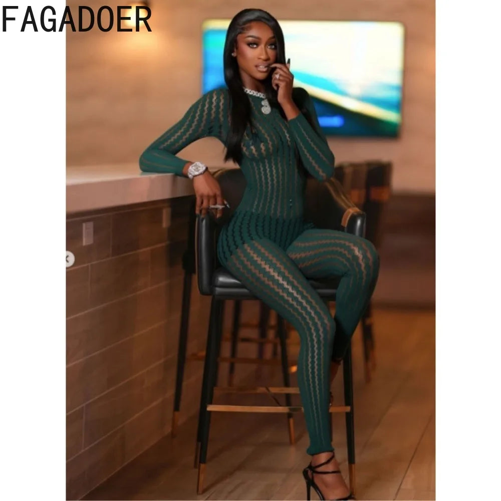 FAGADOER Women Sexy Mesh Lace Jumpsuits Fashion Long Sleeves Round Neck Vertical Striped Sheer Bodycon Rompers Summer Playsuits