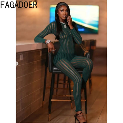 FAGADOER Women Sexy Mesh Lace Jumpsuits Fashion Long Sleeves Round Neck Vertical Striped Sheer Bodycon Rompers Summer Playsuits