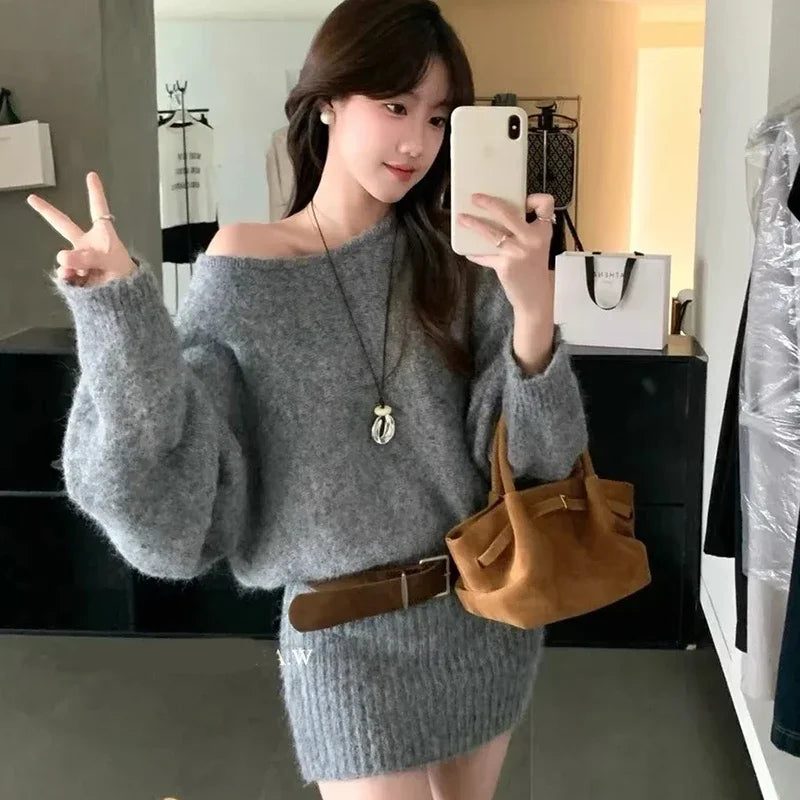Off Shoulder Knit Mini Dress Women Slant Collar Long Sleeve Belt Autumn Dresses French Elegant Solid Sweet Aesthetic Retro Dress