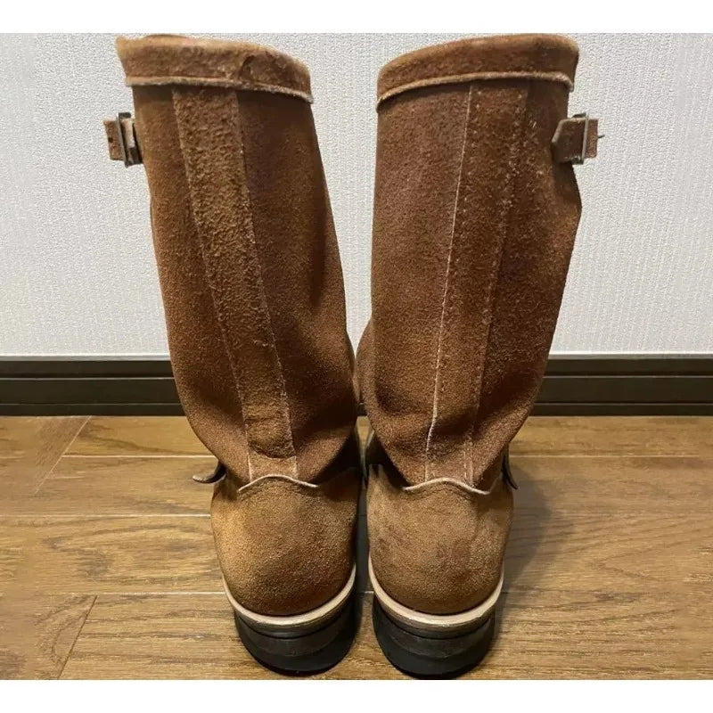 Dark Brown Suede Work Boots Men's and Women's Engineer Ort Shoes American Retro Moto Boots Faded Mid-Calf Shoes Motocross Boots