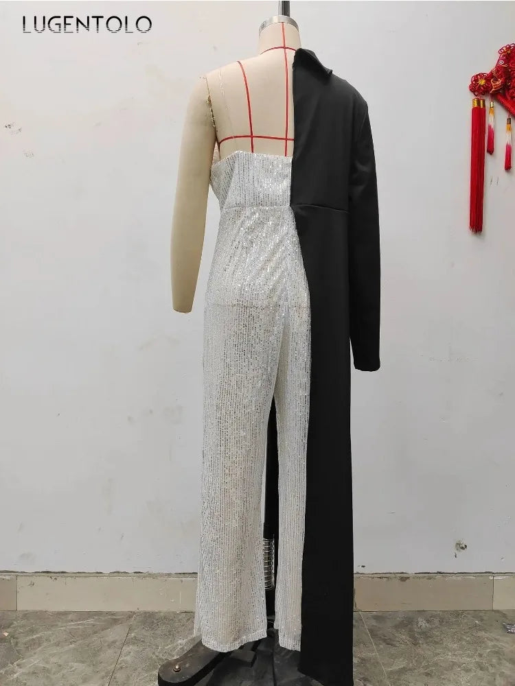 Women One Long Sleeve Strapless Sequined Blazer Wide Leg Jumpsuits 2025 Evening Party One Piece Set Romper Playsuit