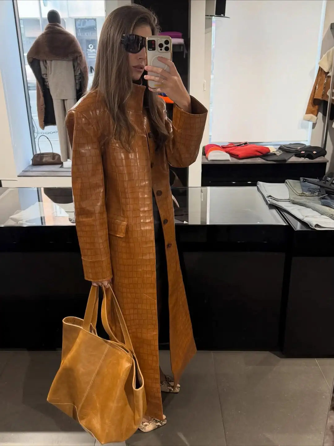 Women Brown Croc Embossed Faux Leather Maxi Trench Coat Lapel Single Breasted Straight Long Front Pockets Vintage Autumn Winter