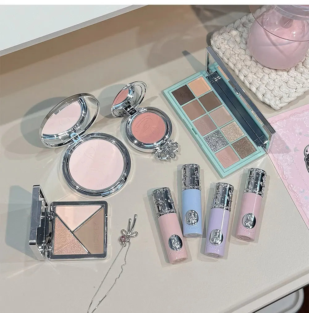 NICEKEY Makeup Kit Include 4 Matte Lipgloss,1 Face Blusher,1 Pressed Powder,1 Eyesshadow Palette,1 Contour Palette With Necklace