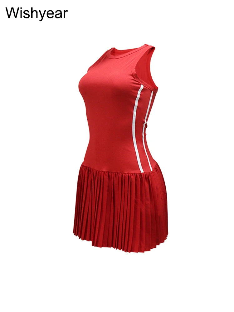 New Fashion O-neck Sleeveless Side Striped Ribbed Pleated Mini Dress for Women Sexy Slim Night Club Tank Summer Birthday Robe