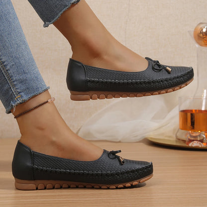 Goreyodoly Womens Casual Slip On Flats Woven Pattern Bow Breathable Lightweight Comfortable Daily Walking Shoes