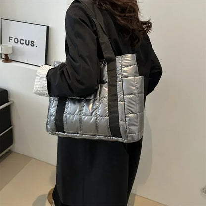 Space Padded Women Shoulder Bags For Winter 2025 Large Capacity Black Handbags Designer Nylon Cotton Warm Tote Solid