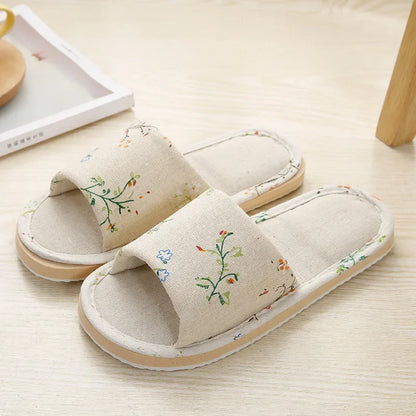 Four Season Linen Home Slippers Women Autumn Indoor Casual Floral Slides Couples House Non-slip Sandals Adults Cartoon Cat Shoes