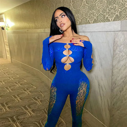 Sexy Deep V Neck Cut Out Mesh Hollow Out Slim Jumpsuit Women Print Long Sleeve Button See Through Pencil Pants One Piece Rompers