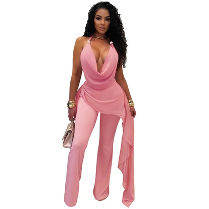 Fake two piece chiffon spliced hanging neck strap and ribbon jumpsuit pants