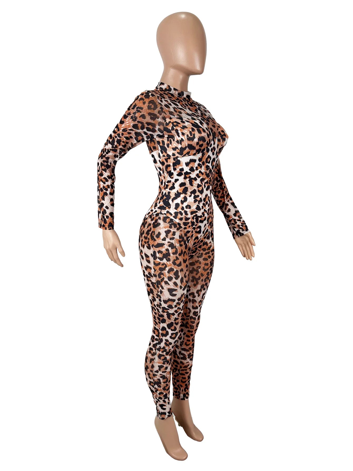 Women Sexy See-through Mesh Leopard Print Long Sleeve Slim-fitting Long Jumpsuit Rompers Summer Casual Streewear