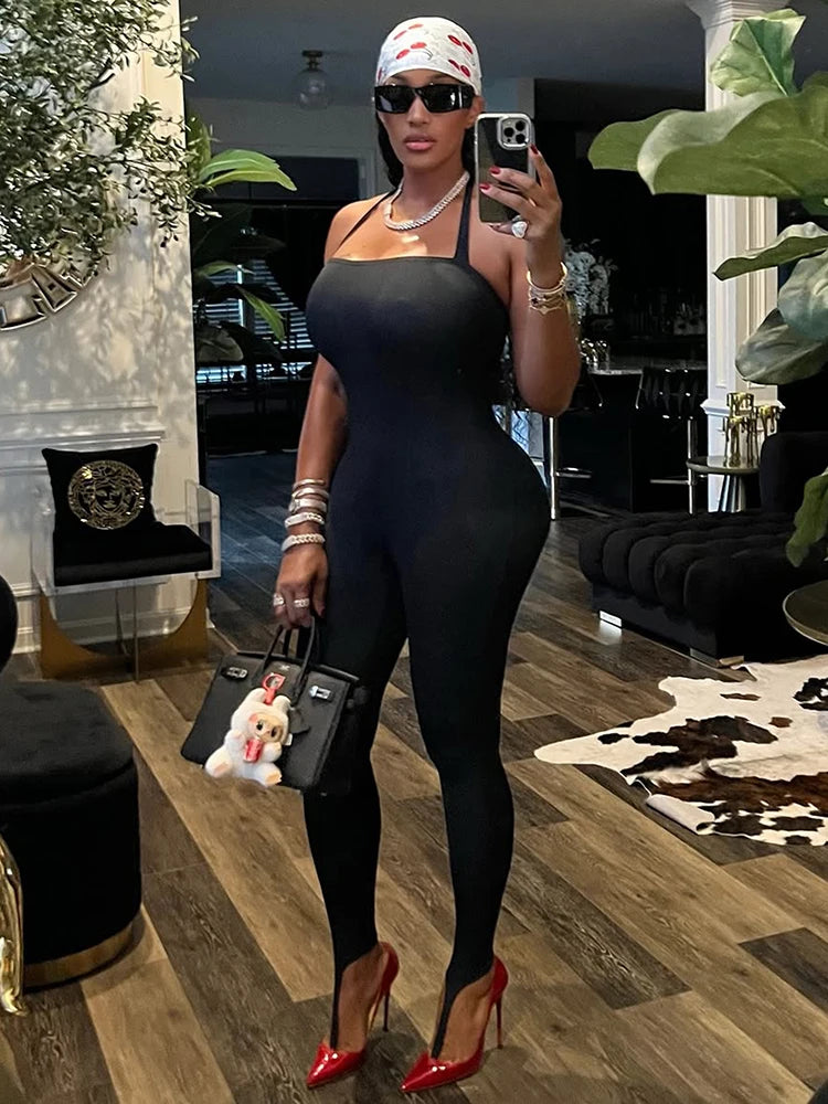 Weird Puss Hipster Backless Jumpsuit Women Halter Lace-Up Low Chest Sexy Solid Midnight Activity Stretch Slim Streetwear Overall