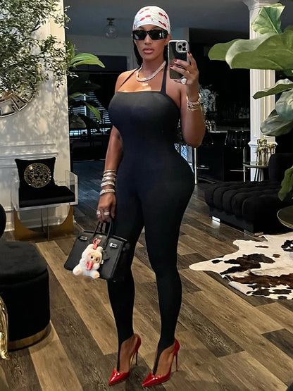 Weird Puss Hipster Backless Jumpsuit Women Halter Lace-Up Low Chest Sexy Solid Midnight Activity Stretch Slim Streetwear Overall