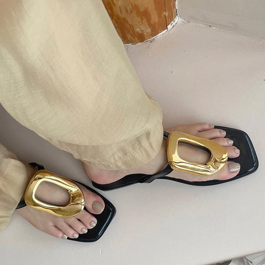 New In 2025 Luxury Women Slippers Summer Beach Fashion Metal Flip Flops Female Slides Slippers Ladies Flats Sandals Shoes