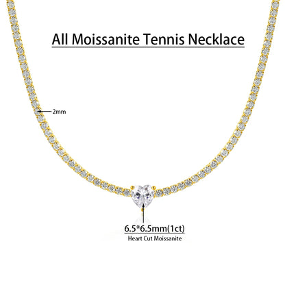 All Moissanite Tennis Necklace for Women Men Sparkling D Color 1ct Heart Cut Pendant Necklace S925 Sterling Silver Chain Jewelry