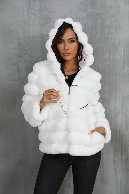 2026 Winter Hooded Plus Size Faux Fur Cropped Coat Women Furry Long Sleeve Plush Jacket Lady Large Fake Fur Warm Fluffy Cardigan