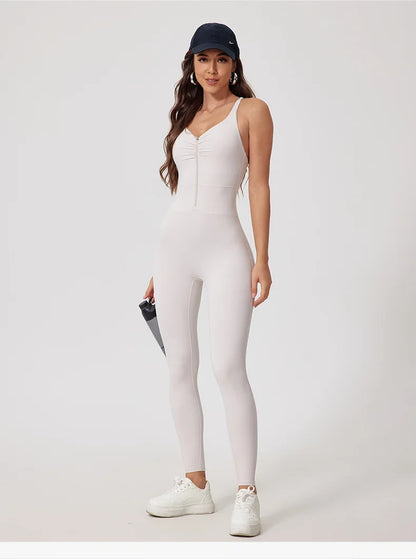 Fashion Folds Zipper Sport Bodycon Jumpsuits Women One Pieces Yoga Outfit Sleeveless Backless Gym Fitness Overalls Sexy Monkeys