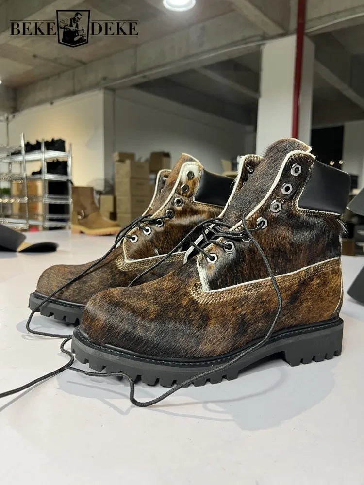 Designer Personality Horsehair Cargo Boots Male Lace Up British Style Handmade High Quality High Top Shoes Vintage Cargo Boots