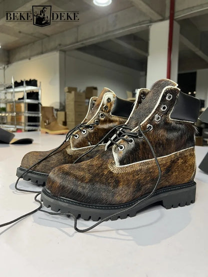 Designer Personality Horsehair Cargo Boots Male Lace Up British Style Handmade High Quality High Top Shoes Vintage Cargo Boots