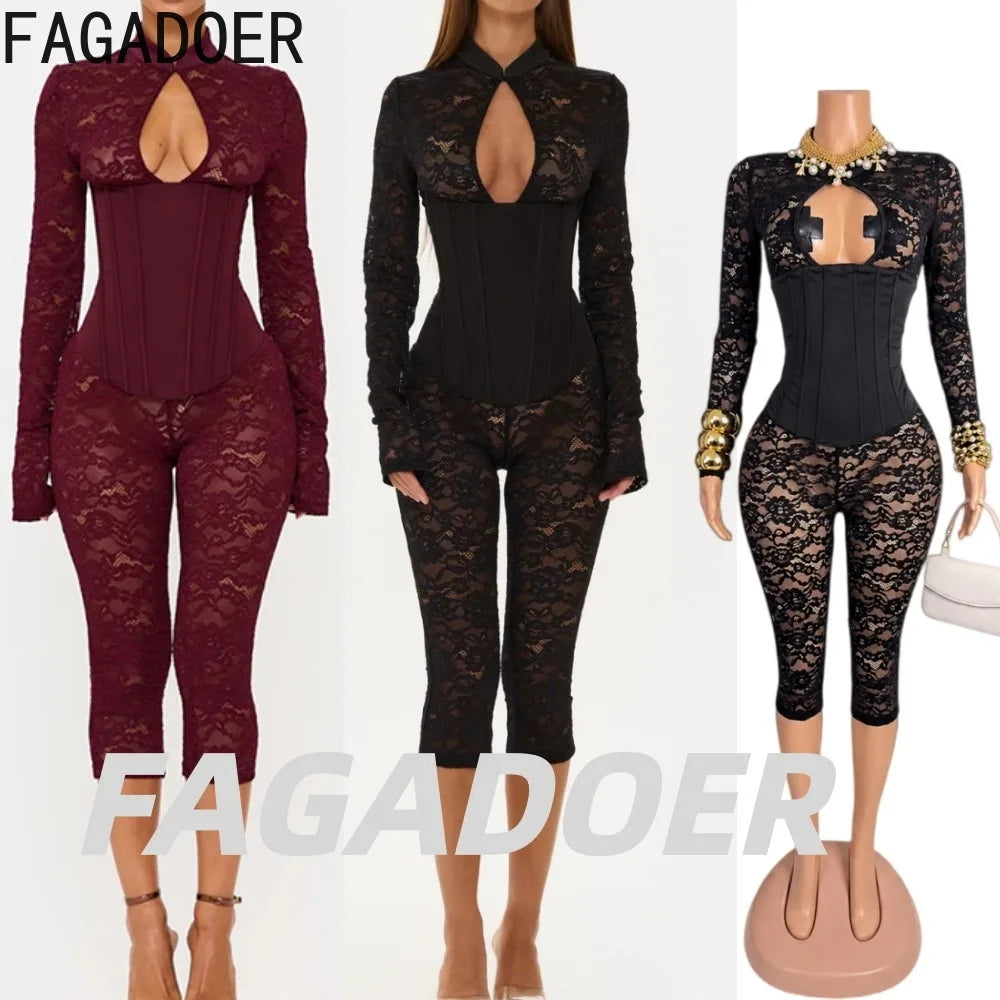 FAGADOER Sexy Lace See Through Corset Jumpsuit Women Hollowed-out Long Sleeve Bodycon Capri Pants Clubwear Night Party Outfit
