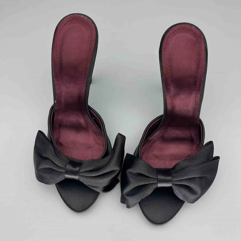 Luxury Satin Silk Bowknot Mule Sandals Woman Chic High Heel Point Toe Stiletto Slides Ladies Elegant Evening Party Dress Shoes