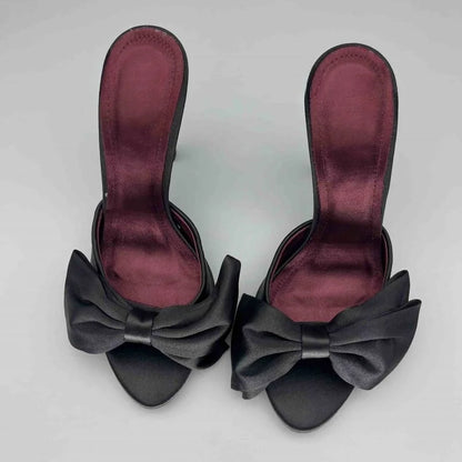 Luxury Satin Silk Bowknot Mule Sandals Woman Chic High Heel Point Toe Stiletto Slides Ladies Elegant Evening Party Dress Shoes